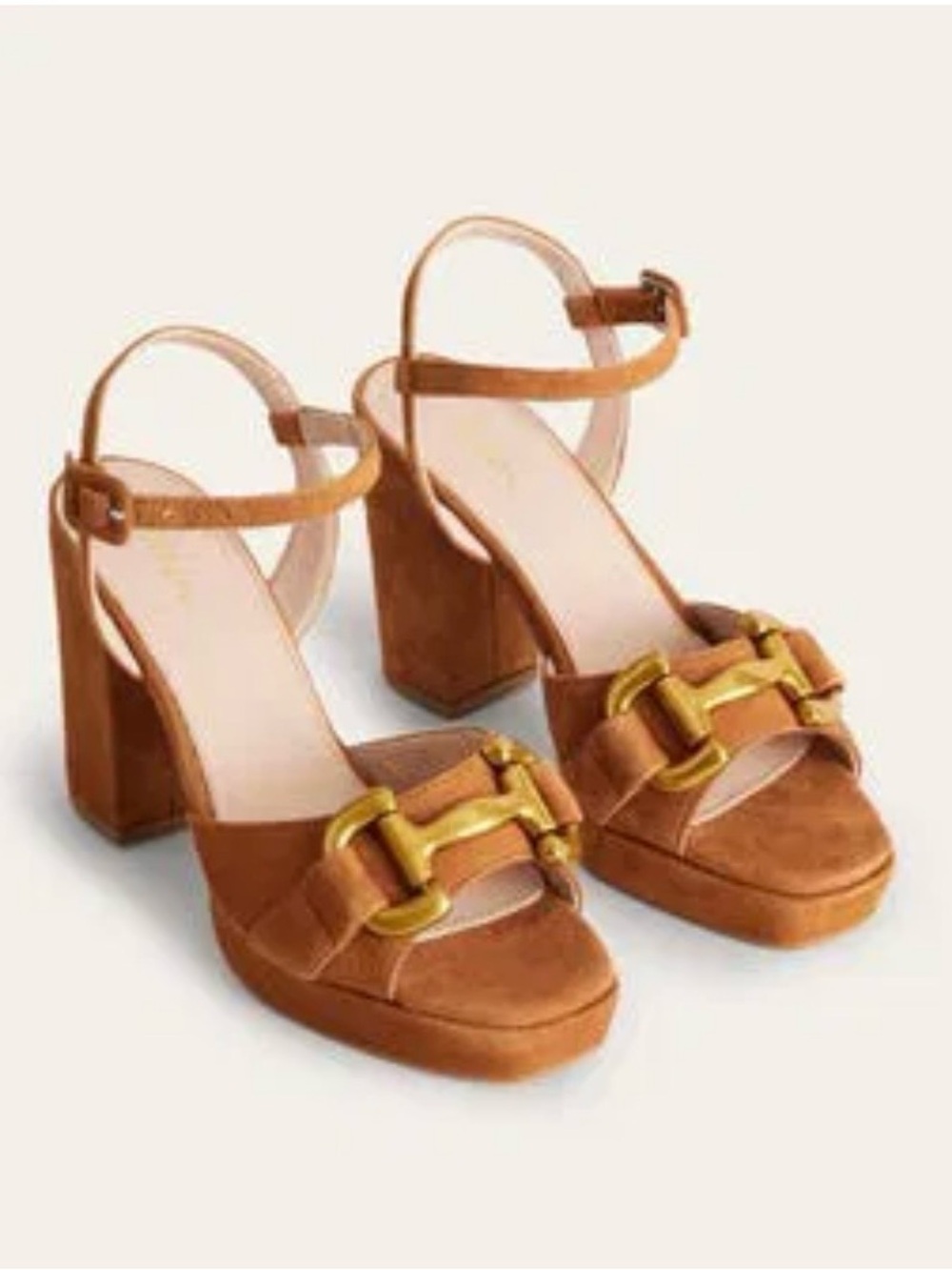 Boden Cognac Suede Gold Horsebit Snaffle Trim Platform Block Heel Sandals EU 39